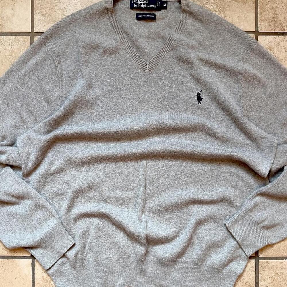 Polo Ralph Lauren Pima Cotton Grey V Neck Sweater - Size M
